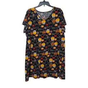 Halloween Owl Sleep Dress Black Soot Plus Size 2X/3X Cotton Nightgown V-Neck